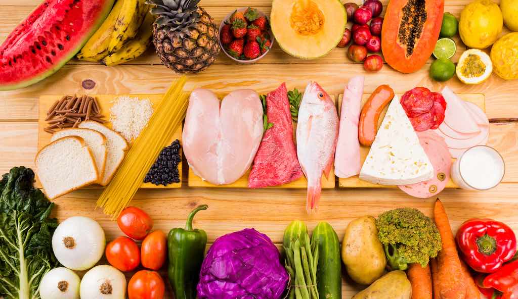 Balanced range of food on table 