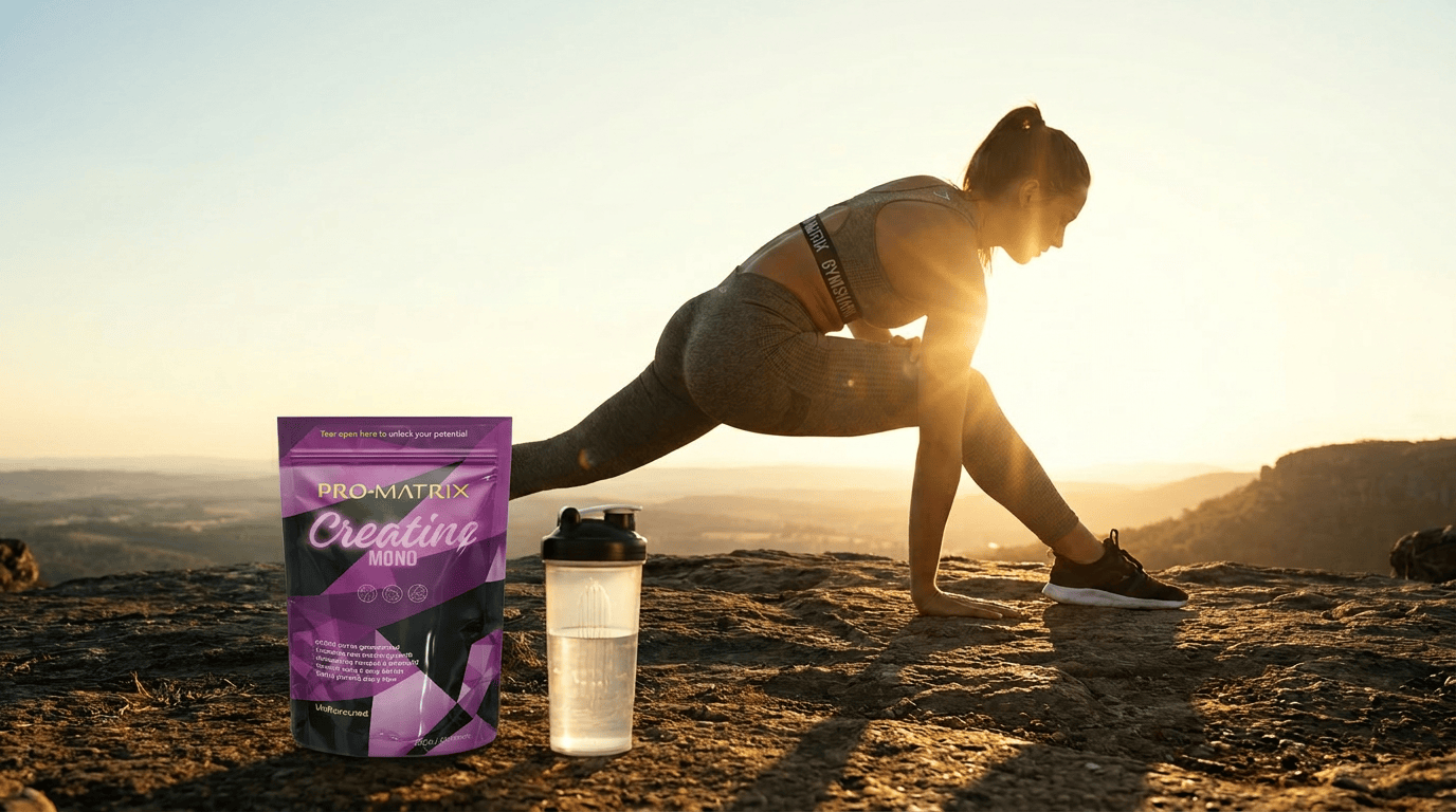 Person stretching outdoors with ProSupps Creatine Monohydrate supplement and shaker bottle in foreground