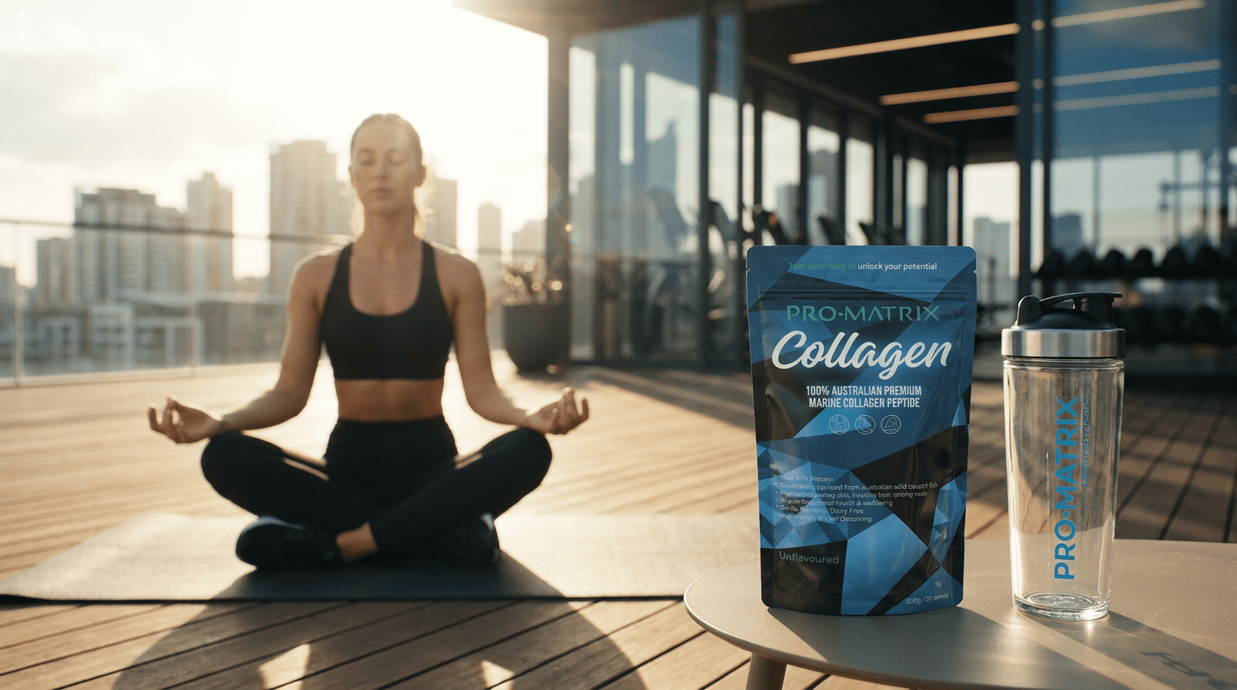 Woman meditating on a rooftop with ProSupps Collagen and ProSupps shaker bottle.