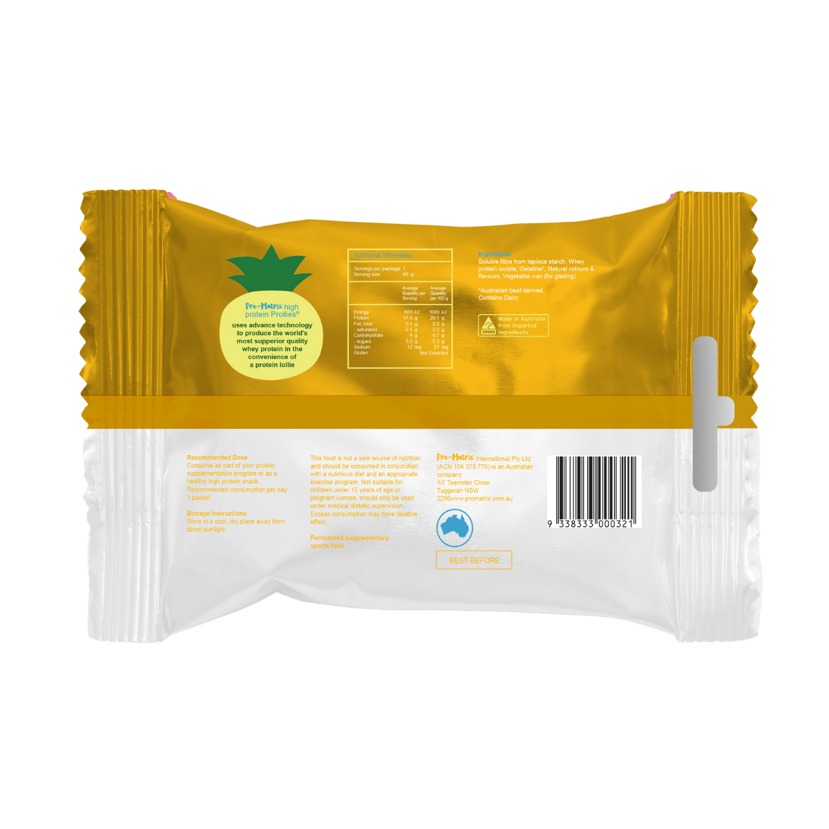 PROLLIES PROTEIN SNACKS PROLLIES - Whey protein lollies (BOX OF 10) Pineapple Crush Flavour
