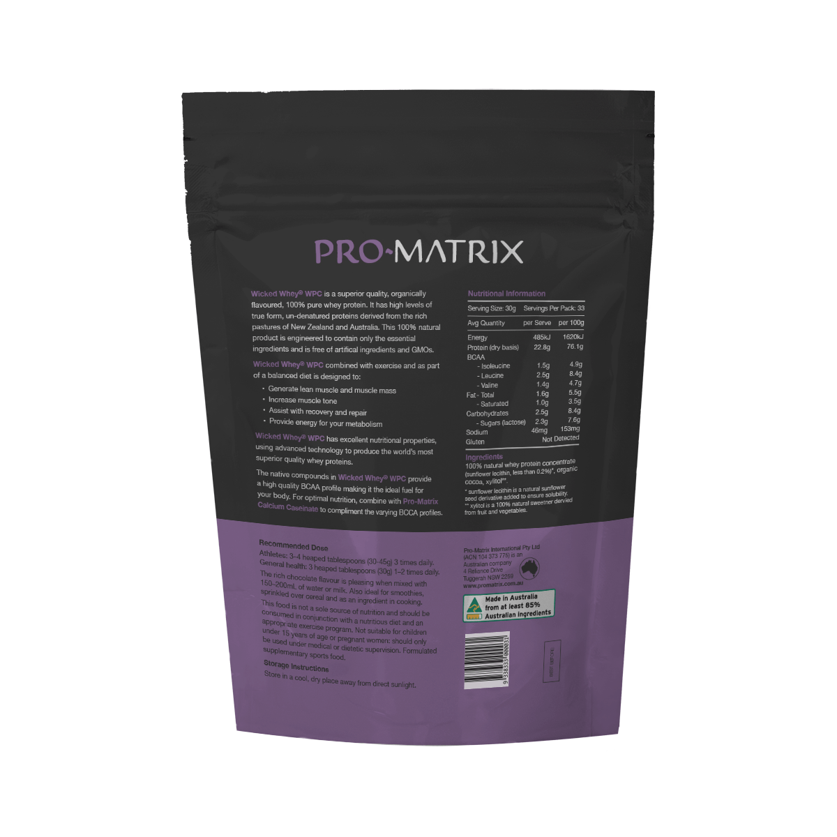 WICKED WHEY WHEY PROTEIN POWDERS 1kg CHOCOLATE, Concentrate WICKED WHEY